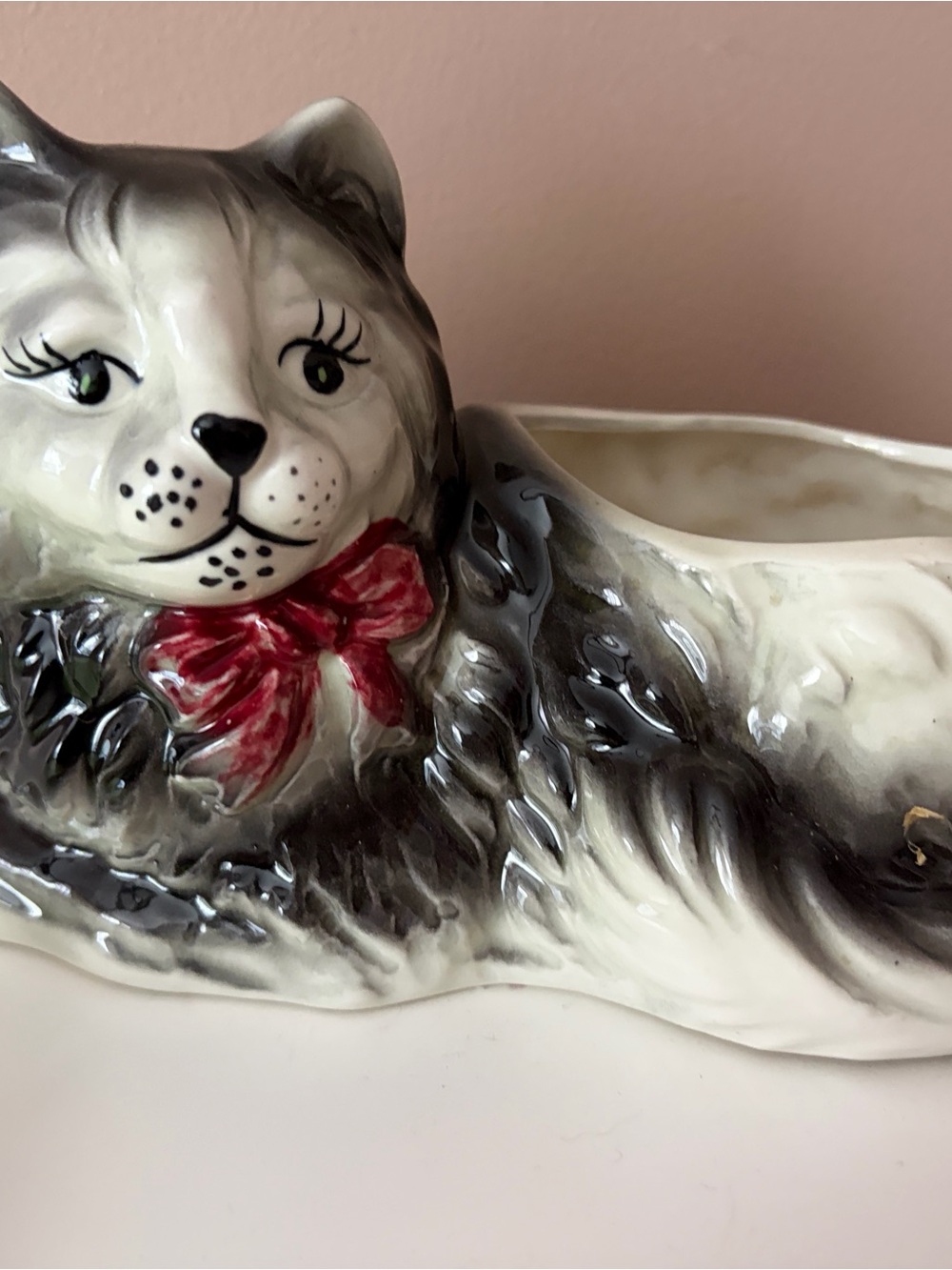 Gray & White Ceramic Cat Planter with Red Bow